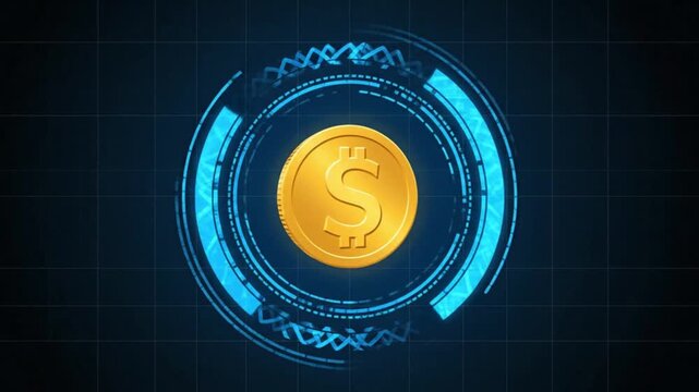 Digital illustration of a gold coin surrounded by a blue circular interface with a dark background and grid pattern