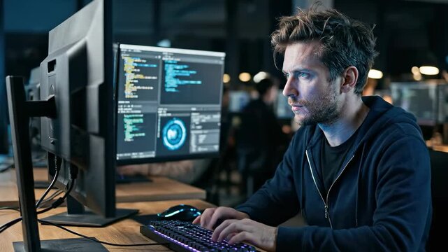 Focused programmer coding at a workstation in a tech office at night
