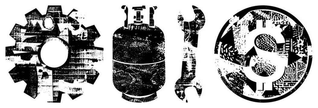 Distressed mechanical including gear, propane tank, wrench, and dollar sign with textured halftone, ideal for industrial or finance themed designs.