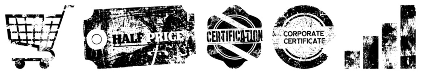 Distressed black vector shopping cart, half price tag, certification seals, corporate certificate, bar chart. Ideal for marketing, sales, or business validation graphics.