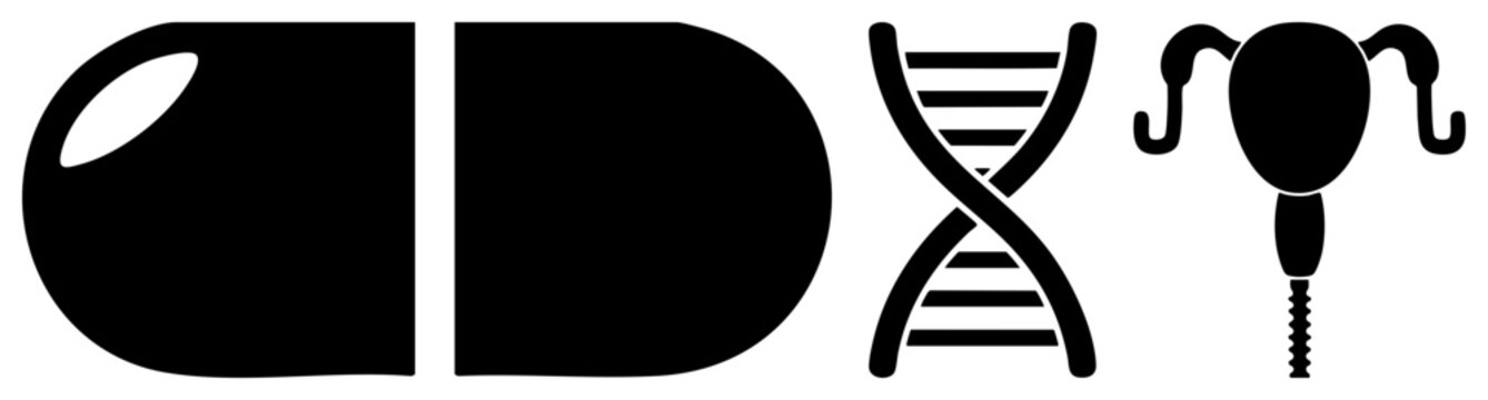 Medical symbols eye, DNA helix, uterus with fallopian tubes, vector glyph, healthcare design, black style.