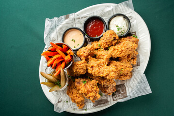 Crispy golden-fried chicken wings served on a platter with pickled carrots, cucumbers, and dipping...