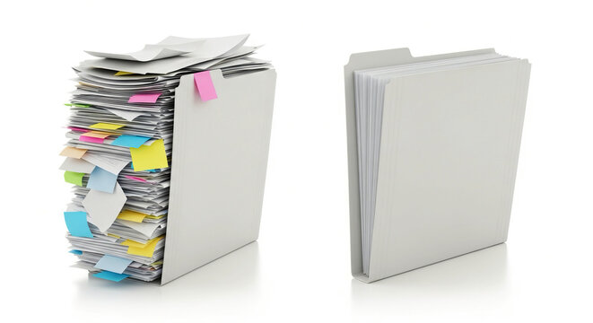Organized and disorganized file folders on white background