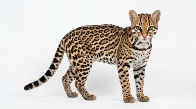 Isolated ocelot facing camera, portrait of exotic wild cat, beautiful animal in studio