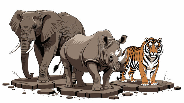 African Elephant Rhinoceros and Tiger Together on Rocky Ground vector illustration