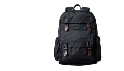 Naklejka premium Black canvas backpack with brown leather accents on black background image, Png, Isolated on Transparent Background, Cut Out