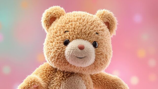 A cute, light brown teddy bear with a white muzzle and black eyes waves its paw against a soft, pastel-colored background with bokeh lights, evoking a sense of joy and playfulness.
