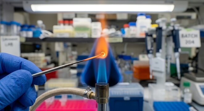 Scientist sterilizing an inoculation loop using the flame of a bunsen burner in a laboratory setting, representing aseptic technique and microbiology research