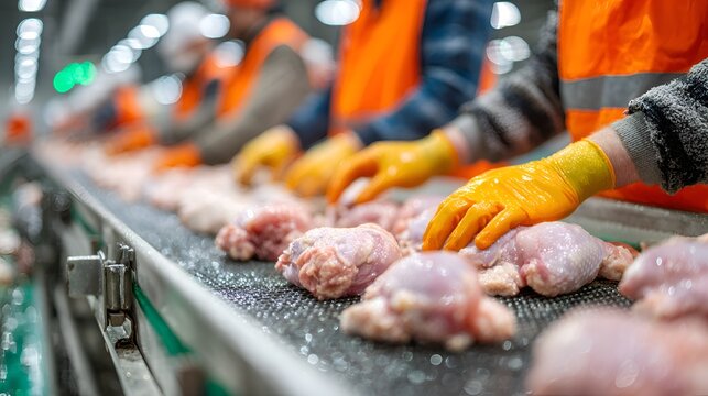 Workers in a food processing plant wea gloves inspect and sort raw chicken pieces on a conveyor belt du the production process.