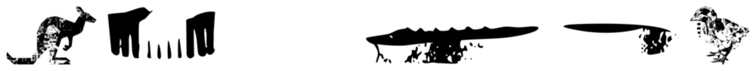 Fototapeta premium Stylized animal silhouettes rendered in textured black shapes, including kangaroo, cow, crocodile, and chick, presented as isolated vector graphics with halftone effects and fragmented.