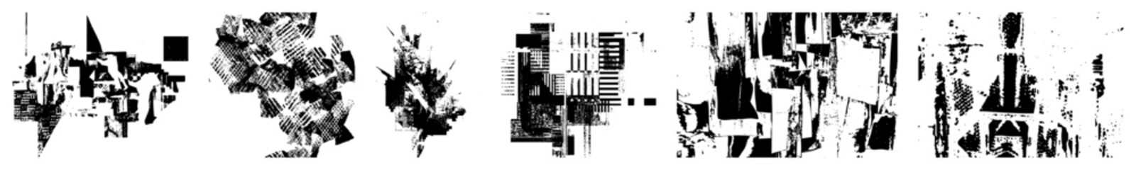 Obraz premium Fragmented geometric shapes in stark black and white, halftone texture, abstract composition, graphic design elements, vector art, digital collage, modernist aesthetic.