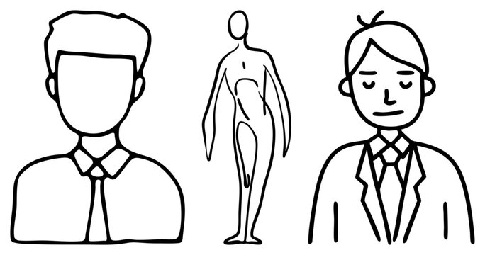 Abstract human silhouettes with facial features, business attire, and full body forms, minimalist art, vector illustration, character.