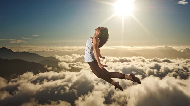 A woman levitates above clouds and mountain silhouettes, bathed in sunlight