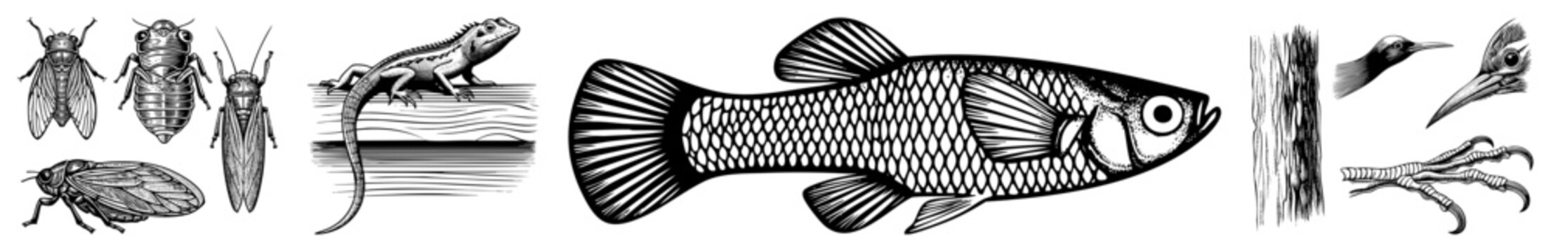 Scientific vector drawings of insects, lizard, fish, and bird anatomy, engraved style, educational illustrations, natural history sketches.
