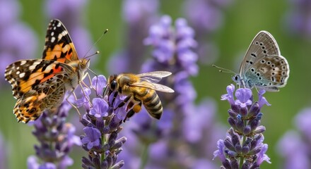 A vibrant scene of a bee pollinating a purple lavender flower, with a butterfly perched on the flower and a honeybee hovering nearby.