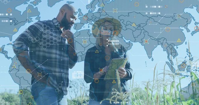 woman agronomist tapping tablet, man walking crop, revealing animated map overlay for monitoring
