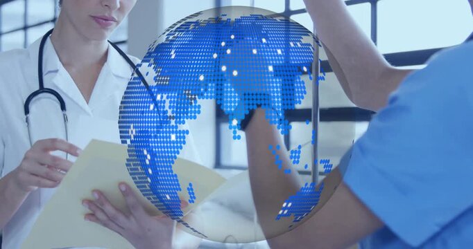 Rotating dotted globe revealing clinician reading chart and nurse adjusting IV bag for medical care