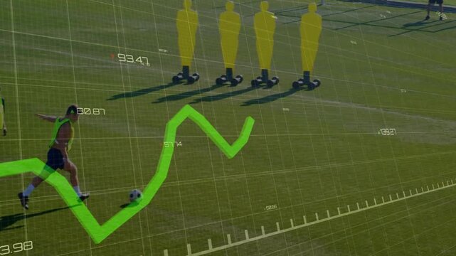 Neon attacker receiving ball, dribbling past training dummies to goal while green line tracking