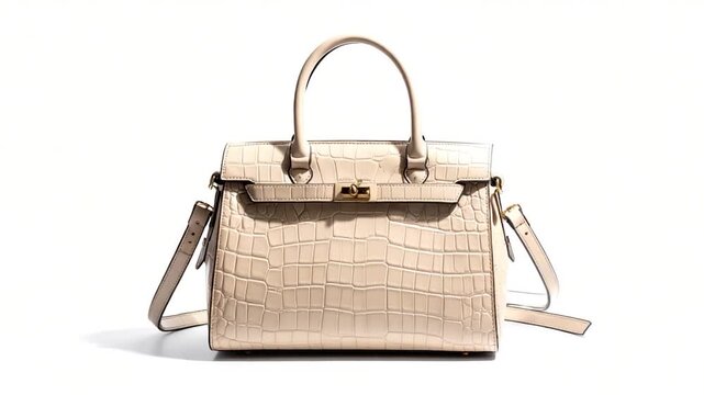 An elegant, light-colored purse with a reptile-like texture, shoulder strap and handle on a white background