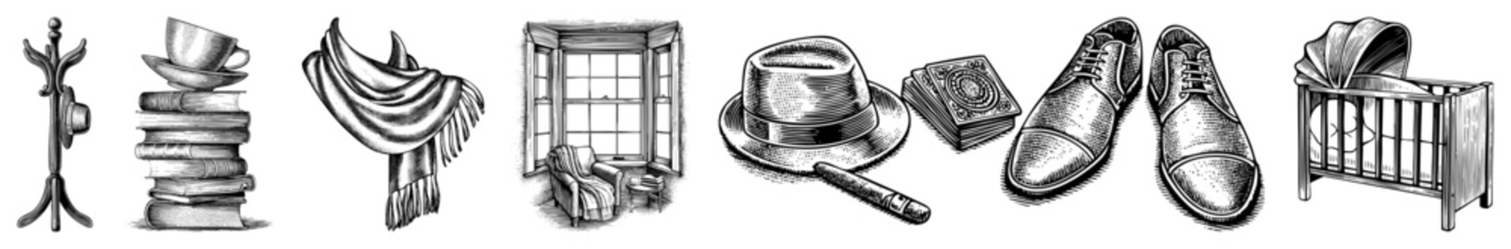 Fedora hat with cigar, deck of cards, classic retro items, vintage accessories, noir aesthetic, illustration, timeless gentleman props.