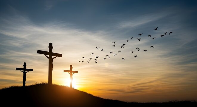 Good friday reflections crucifixion scene at sunset with birds