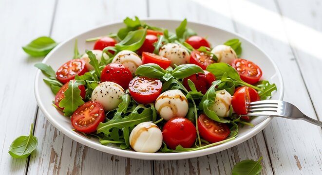 Fresh caprese salad with cherry tomatoes, mozzarella, and basil garnish on a plate