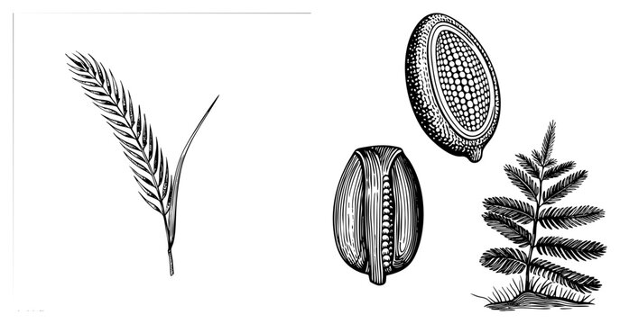 Detailed botanical sketches of fern frond, seed pod section, grass, rendered in fine black art, ideal for scientific or vintage design use.