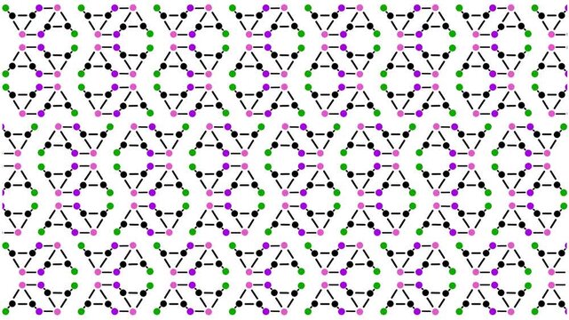 The screen displays a collection of geometric meshes or compounds. The molecular and atomic structures change both geometrically and in color.