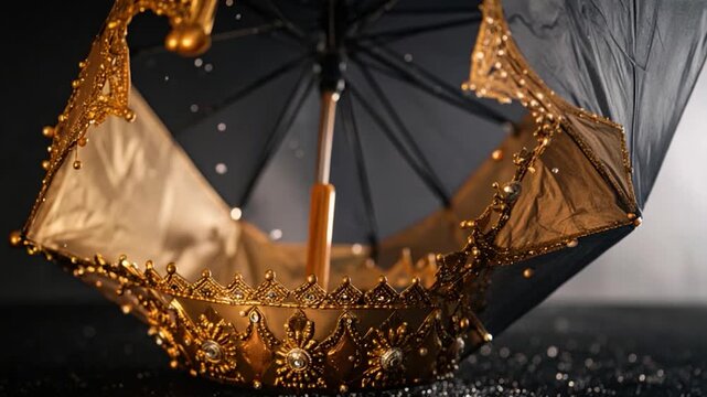 Elaborate umbrella, partially open, featuring ornate golden trim with sparkling embellishments. Dark background