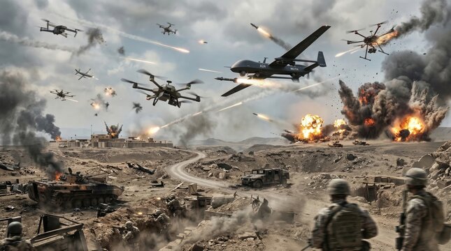 Modern warfare with drones tanks and soldiers fighting