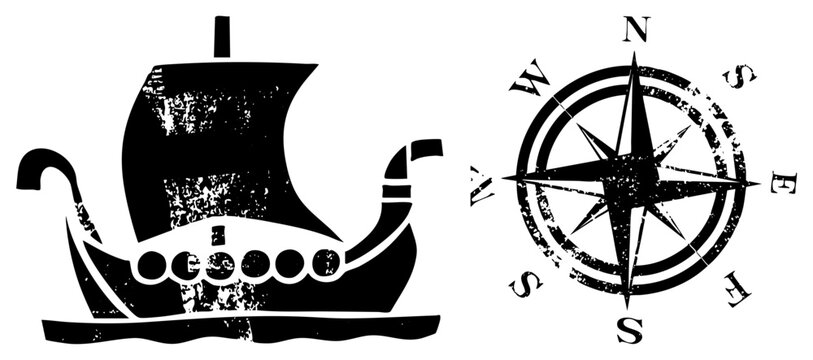 Vintage distressed Viking longship with sail and oar ports, paired with weathered compass rose, nautical navigation, maritime adventure motifs.