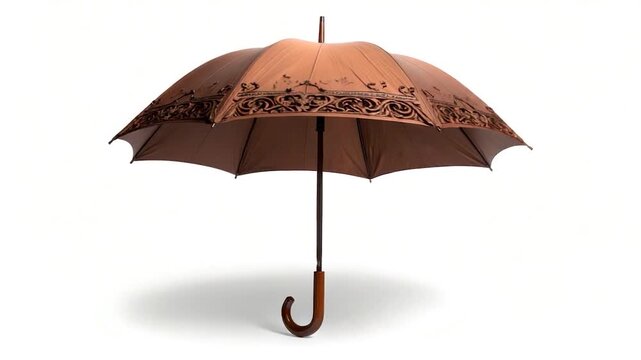 Elegant brown umbrella with ornate border, open against white. Curved handle and central rod