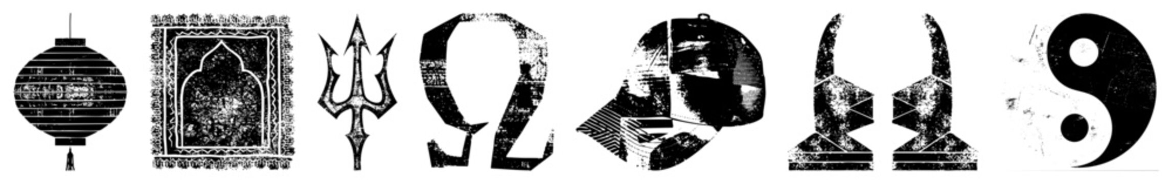 Collection of cultural symbols including lantern, mosque, trident, omega, helmet, totems, yin yang, vector art, distressed graphic design, symbolic representation.