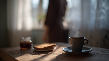 Fototapeta premium Cozy Morning Light: Steaming Hot Beverage, Toast, and Jam Jar on Rustic Wooden Table Near a Bright Window, Warm and Inviting Breakfast Scene
