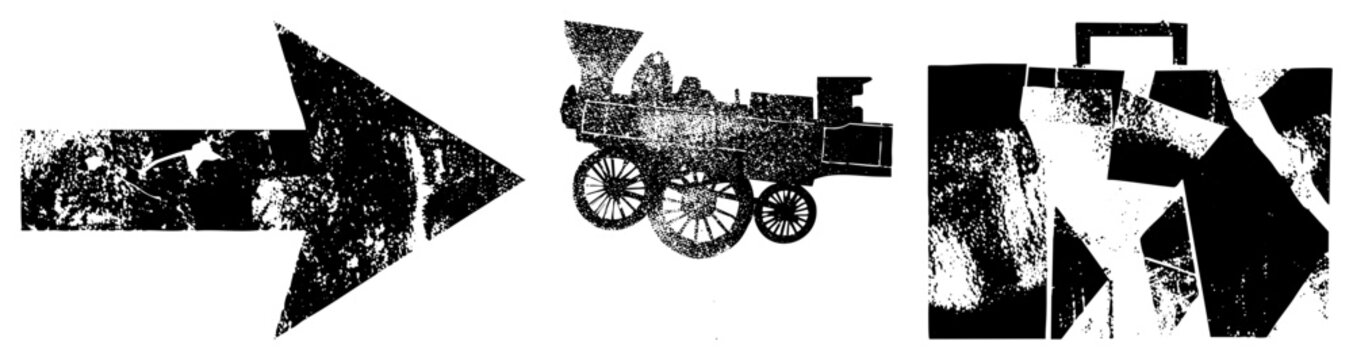 Grunge style locomotive carriage, railway engine silhouette, industrial transport, textured halftone graphic, retro railway motif.