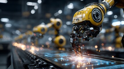 An industrial robotic arm precisely welds metal on an automated production line in a modern factory, emitting bright sparks and light.