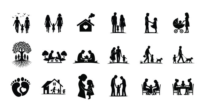 Family and relationships icons set black silhouettes on white background people love home tree dog parenting