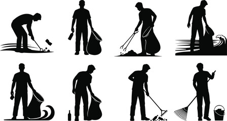 Naklejka premium Silhouettes of people cleaning environment, picking trash, holding garbage bags, beach and soil cleanup vector illustration promoting ecology, sustainability, and community responsibility