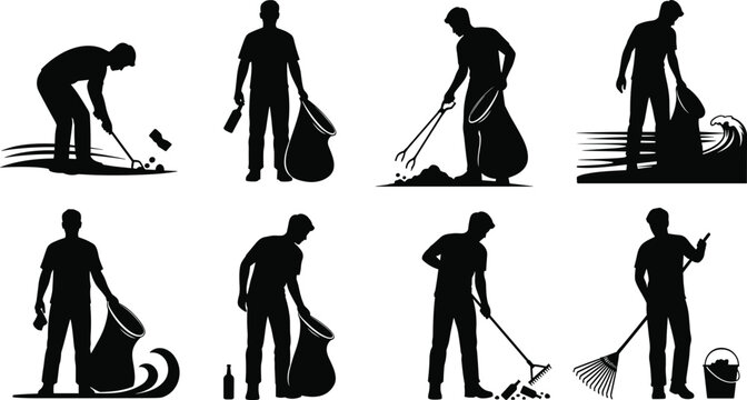 Silhouettes of people cleaning environment, picking trash, holding garbage bags, beach and soil cleanup vector illustration promoting ecology, sustainability, and community responsibility