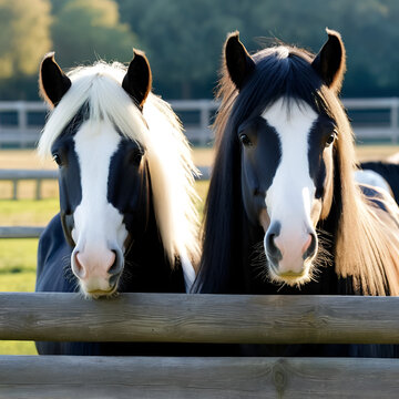 Pair of Gypsy Vanner Horse mares peering over fence seen from the rear Extreme Close-Up