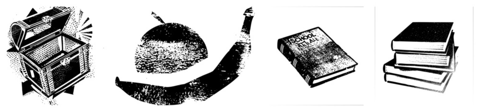 Open treasure chest with coins, horn symbolizing abundance, school textbook labeled &ldquo;School Textile,&rdquo; and stacked books all rendered in halftone vector style.