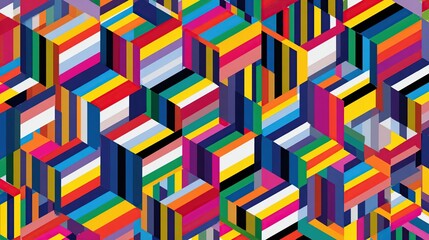 Vibrant 3d geometric cube illusion pattern with multicolored stripes