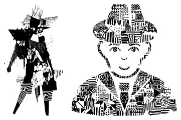 Stylized black and white vector portraits with geometric/abstract, isolated cutouts, graphic elements, halftone textures, artistic composition.