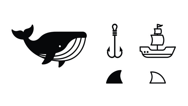 Marine & Nautical Flat Icons: Whale, Shark Fin, Fishing Hook, Sailboat. Simple black and white sea life elements.