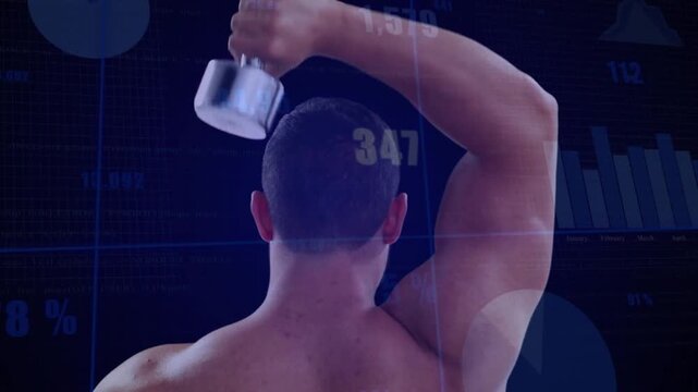 Man doing one-arm overhead extension starting rep by lowering dumbbell tracking fitness with charts