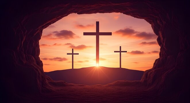Good friday reflections crosses on golgotha hill at sunset