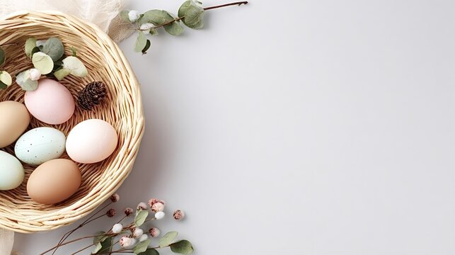 Easter eggs in wicker basket with spring decorations