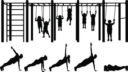 Silhouette children playing on playground with monkey bars and swings, plus adult workout exercise poses, showing fitness, activity, lifestyle, and health themes © Horgobinda