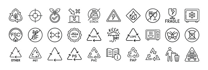 Obraz premium Diverse set of product packaging and safety guidelines symbols in vector format