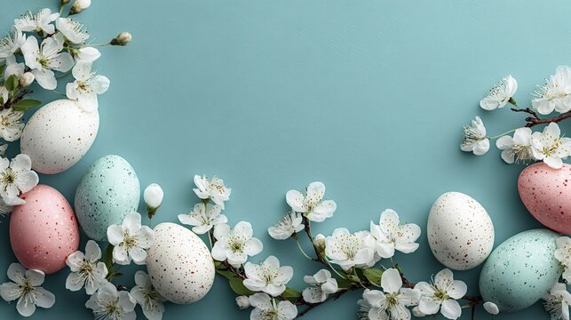 Pastel easter eggs and blooming spring cherry blossoms